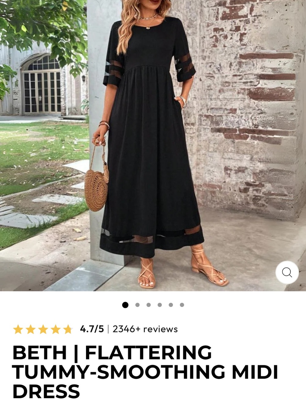 Beth Flattering Black Midi Dress with Sheer Trim